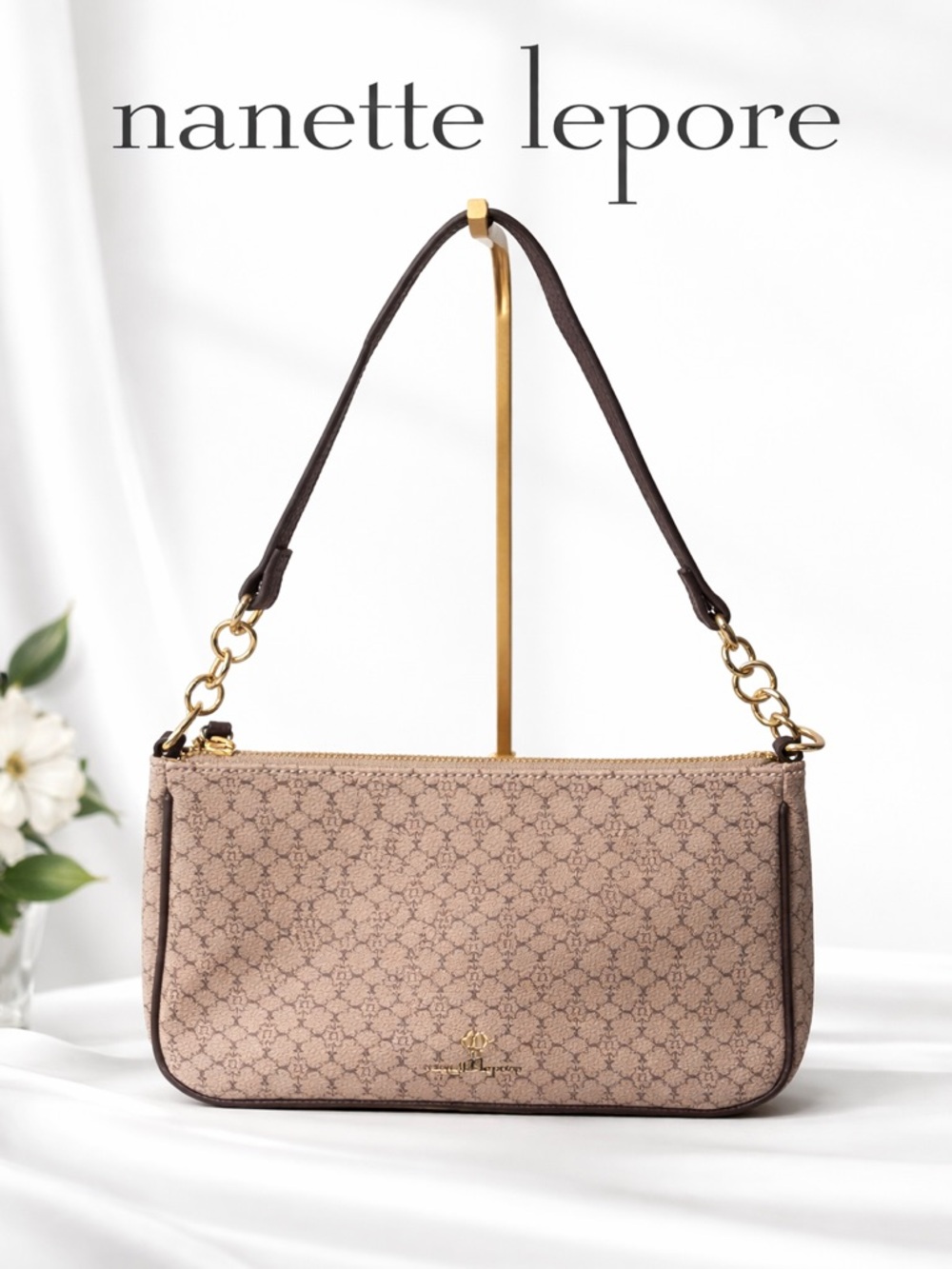 Nanette Lepore Mini Shoulder Bag Beige Monogram Y2K Baguette Purse